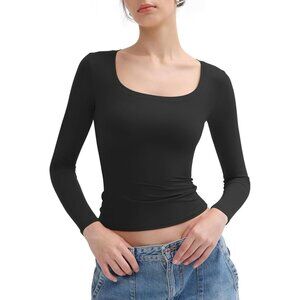 Women Jet Black Long Sleeve T Shirts Scoop Neck Slim Fit Out Tops Collection